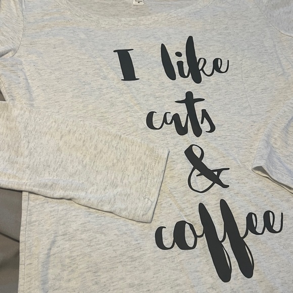 Next Level Light Gray Graphic “I Like Cats & Coffee Long Sleeve Shirt NWOT - Picture 9 of 13